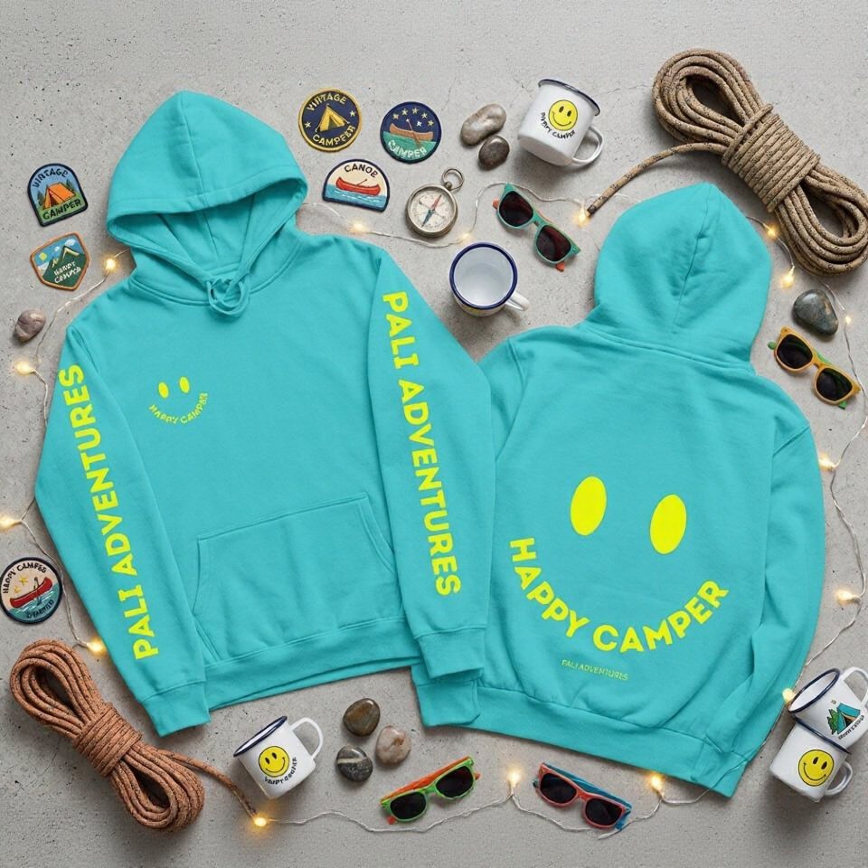 camping hoodie Neon Happy Camper Sweatshirt
