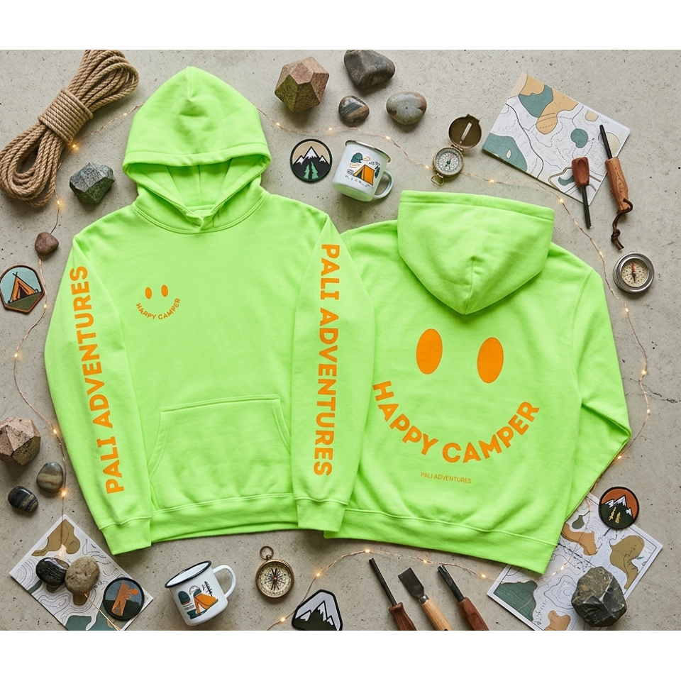 Two neon green hoodies with 'Pali Adventures' and 'Happy Camper' text on a rustic background with camping-themed items.